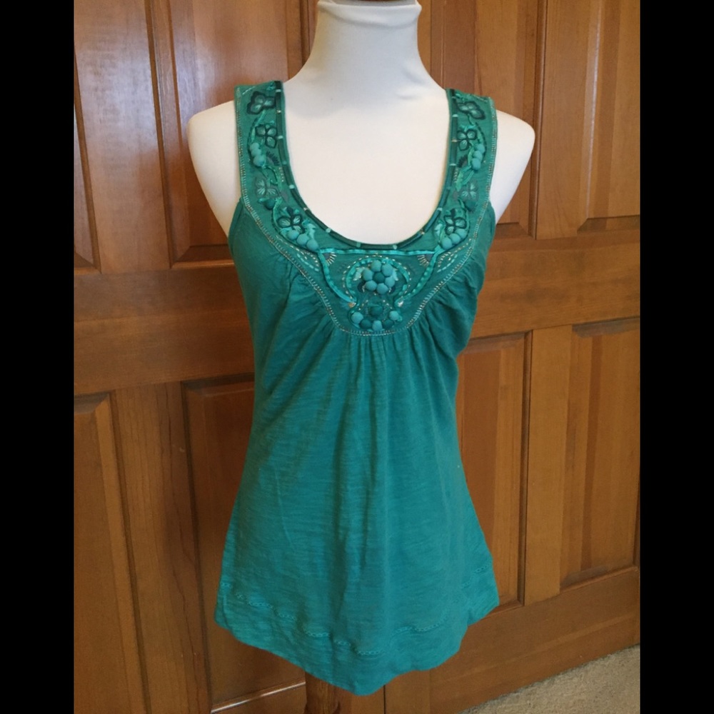 Anthropologie Teal Embellished Tank Top